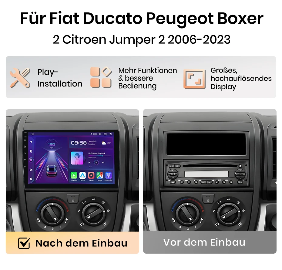 Junsun 9-Zoll Android 15 Autoradio für Fiat Ducato, Peugeot Boxer 2, Citroen Jumper 2 (2006-2023) mit Apple CarPlay, IPS-Bildschirm, Stereo-Multimedia-Videoplayer, Intelligentes Fahrzeugsystem, 2-DIN Autoradio-Hauptein – Detail 4