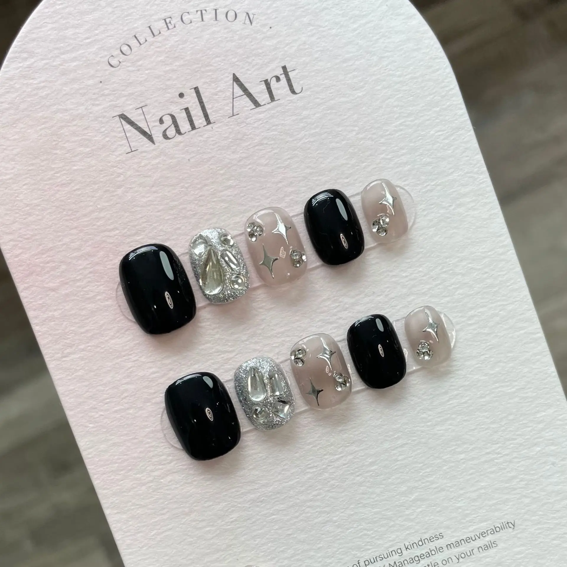 

10Pcs Short Square Handmade Manicure Tips Black Rhinestone Shiny Powder Press on Fake Nails Full Cover Reusable False Nails Tips