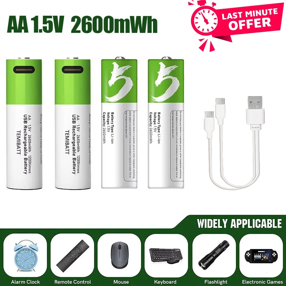 Original USB AA Rechargeable Batteries 1.5V 2600 MWh Li-ion Battery for Remote Control Mouse Electric Toy Battery SMARTOOOLS