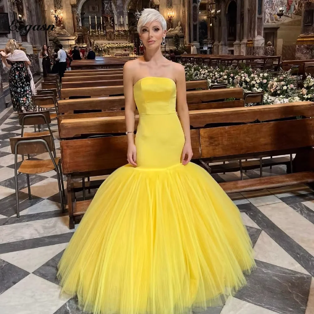 

Mermaid Yellow Evening Dress Strapless Puffy Tulle Skirt Ball Gown Long Women's Elegant Dresses for Parties