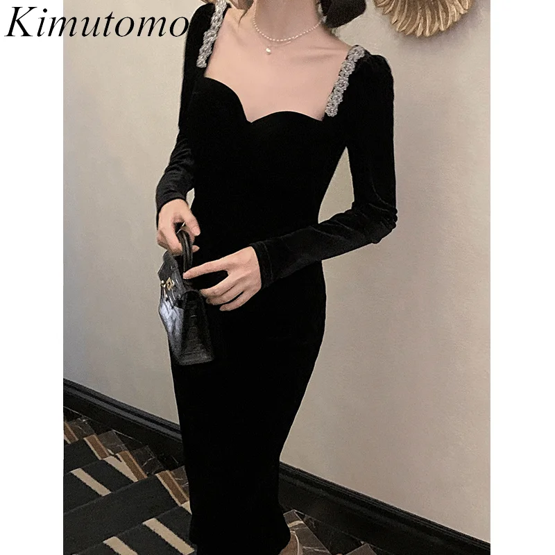 Kimutomo Velvet Black Hip Maxi Dresses Square Collar Beaded Puff Long Sleeves Evening Dress Small Fragrance Vestidos De Fiesta