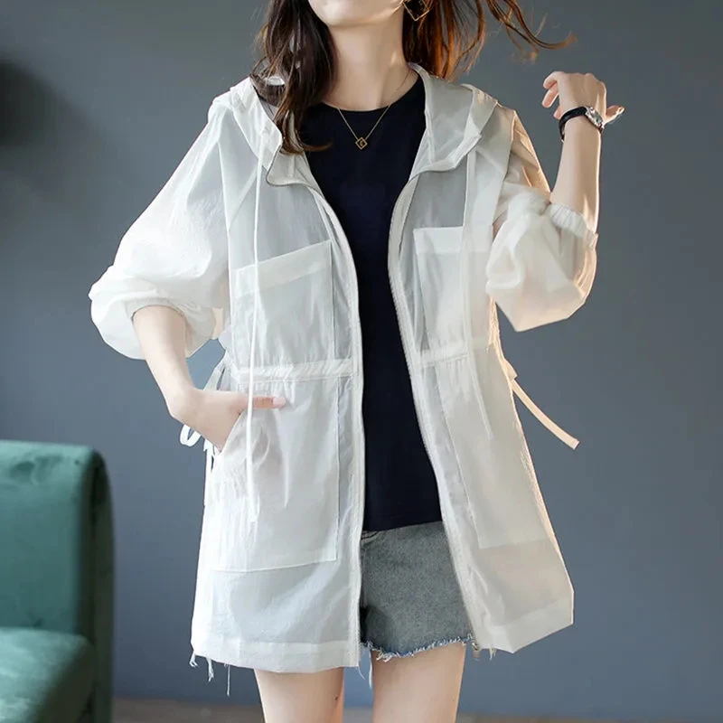 Lightweight Hooded Sunscreen Jacket Women's Mid-Long White Windbreaker Waist-Breathable Summer 2022 New Korean Loose Trench Coat