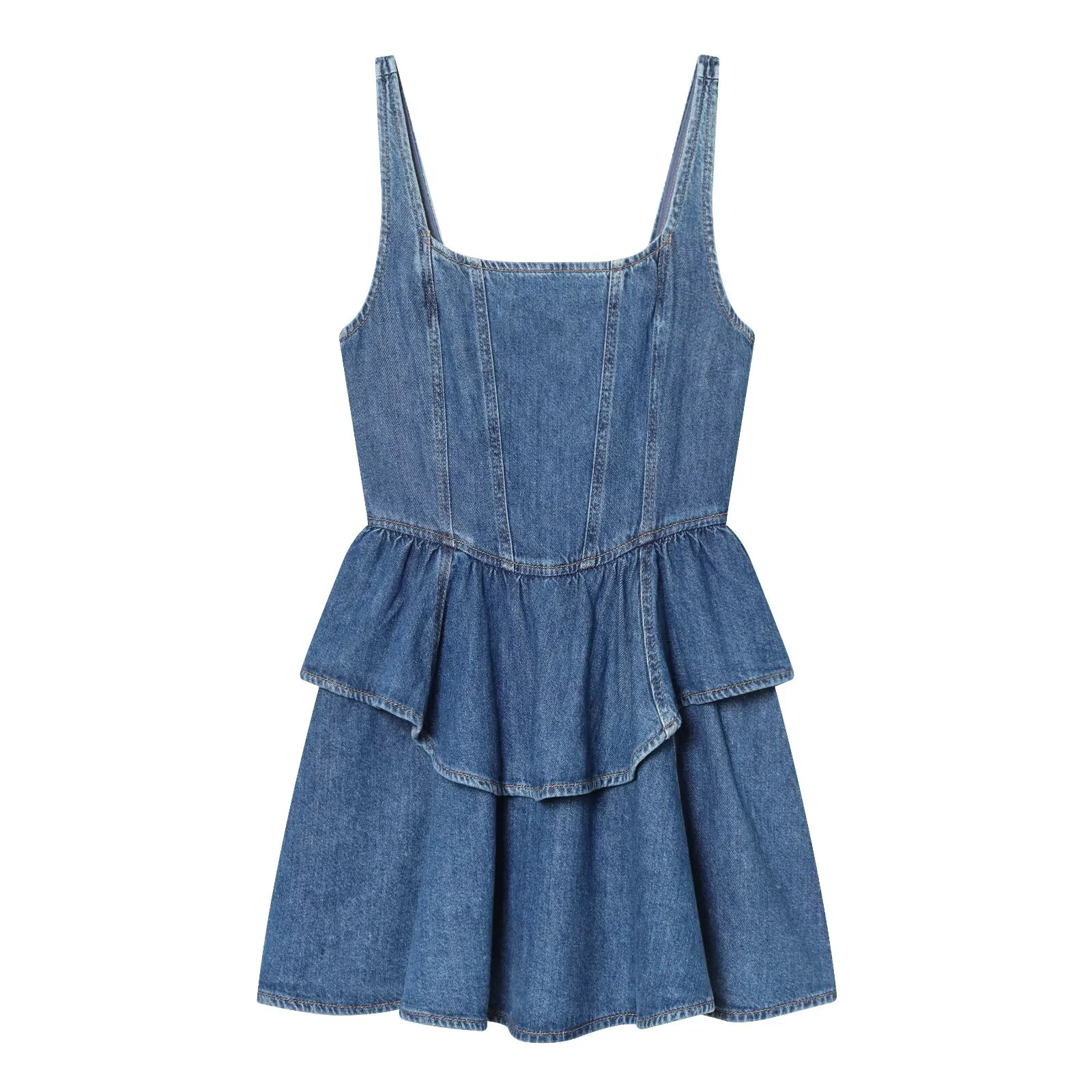 Europäischer und amerikanischer Stil, Sommermode für Damen, blaues, modisches, temperamentvolles Trompetenrock-Trägerkleid aus Denim.