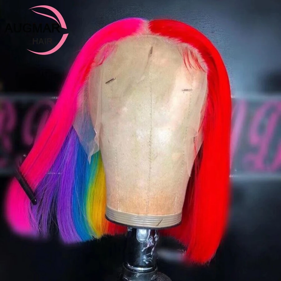 13x4 Rainbow Highlight Wig Human Hair Ombre Purple Blue Green 13x6 Lace Frontal Wig Short Bob Straight Human Hair Wigs For Women