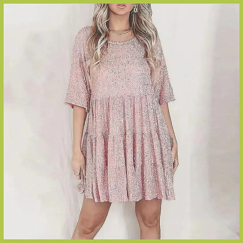 

Women's Sequin Mini Dress 2024, Sparkly Round Neck Short Sleeve Party & Banquet Dress