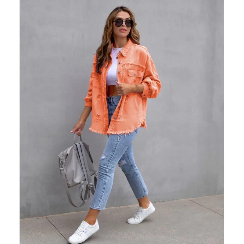 2024 fashion new mid length denim coat with frayed edges and holes women's autumn and winter long sleeved casual lapel top