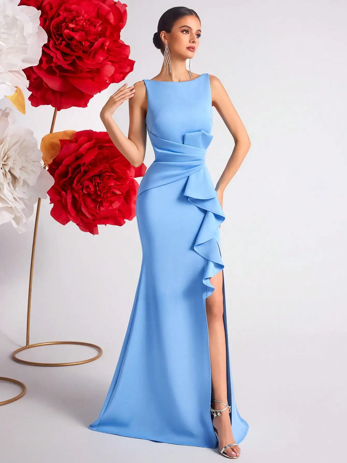 

Women's Blue Ruffle Side Slit Formal Gown for Prom, Wedding Guest, Cocktail Party