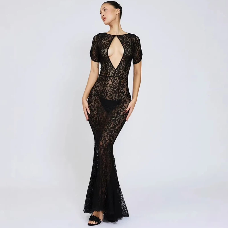 

Typhaland Hollow Sheer Lace Maxi Dress Women's Fashion Short Sleeve High Waist Slim Gown Dress 2026 Summer Ins Hot Lady Fashion