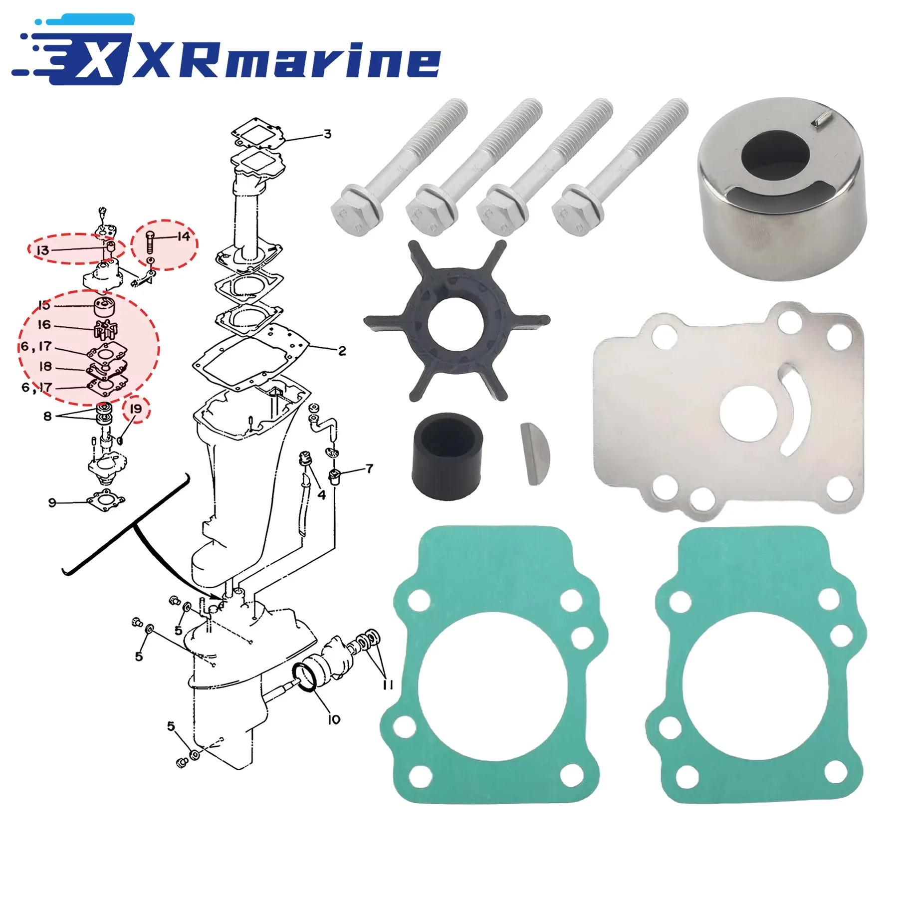 682-W0078-00 Bootsmotor-Wasserpumpen-Reparatursatz für Yamaha Außenborder 9.9PS 15PS 9.9D 15D F9.9 F15 FT9.9 Modell 682-W0078-A1 18-3148 – Detail 1