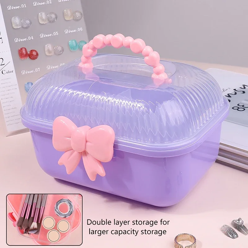 1Pc Double Layer Bow Plastic Nail Brush Tie Hairpin Storage Jewelry Children's Hair Accessories Organizer Portable Nail Tool Box