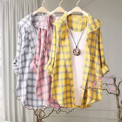 Women Shirt Cardigan Korean Fashion Plaid Pattern Hooded Roll-up Sleeve Loose Long Shirt Coat Sunscreen Shirt Casual Jacket