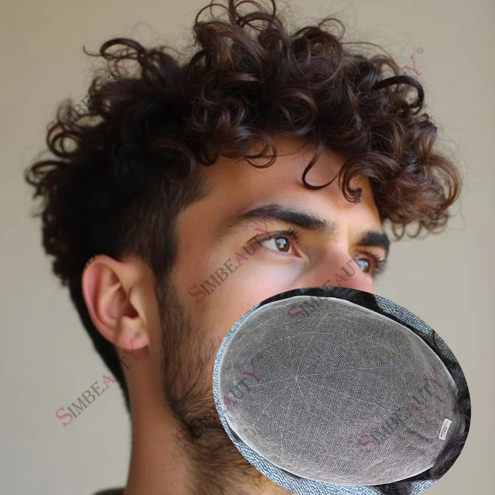 25mm Curly Ask Brown Grey Durable Full Lace Hair System Undetectable Bleached Knots Human Hair Baldness Men's Capillary Prosthes
