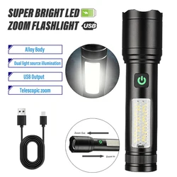 Super Bright LED Flashlight Rechargeable Torch Portable Work Light Outdoor Camping Light Can Telescopic Zoom Support USB Output