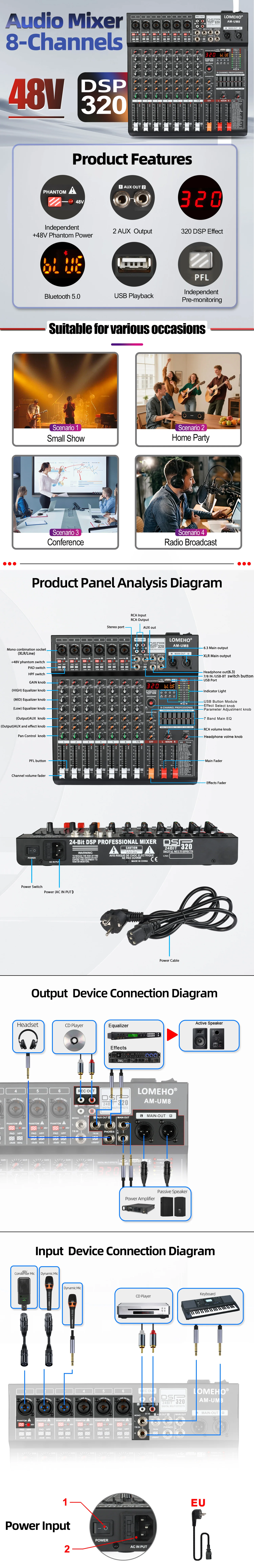 Lomeho 8 Kanäle 6 Mono 1 Stereo-Soundmixer Small Show 48 V USB Bluetooth Mischpult 320 DSP-Effekte Audiotisch AM-UM8 – Detail 1