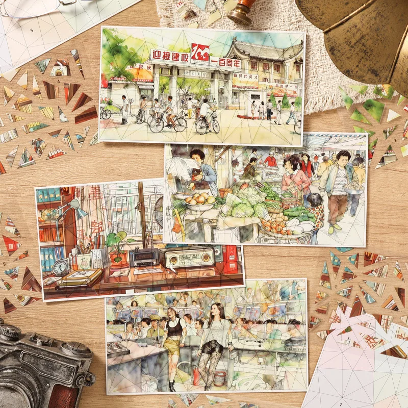 Vintage street life handmade account sticker watercolor style market street view handmade account decoration DIY collage materia