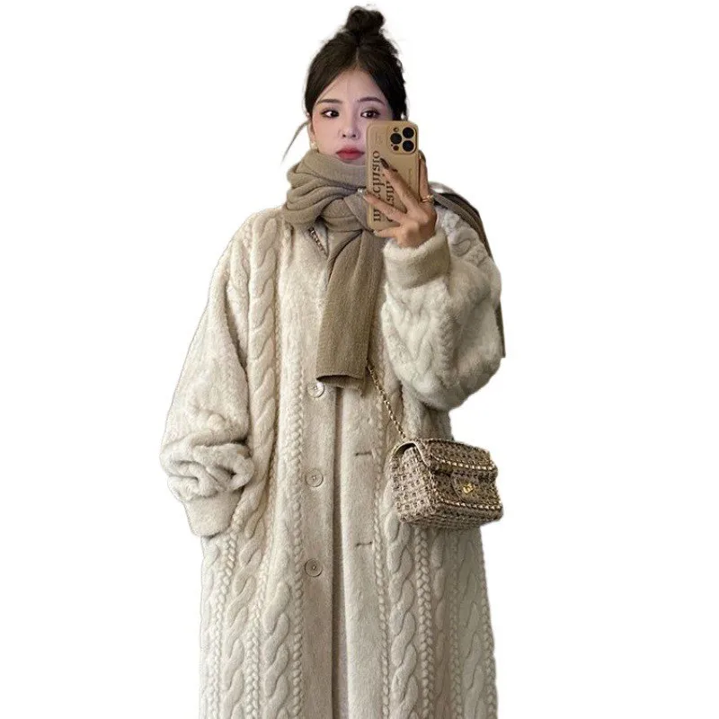 Women Sweaters Long Sleeve V Neck Solid Thick Jumpers Button High Street Cardigan Knit Pocket Slight Strech Patchwork Regular
