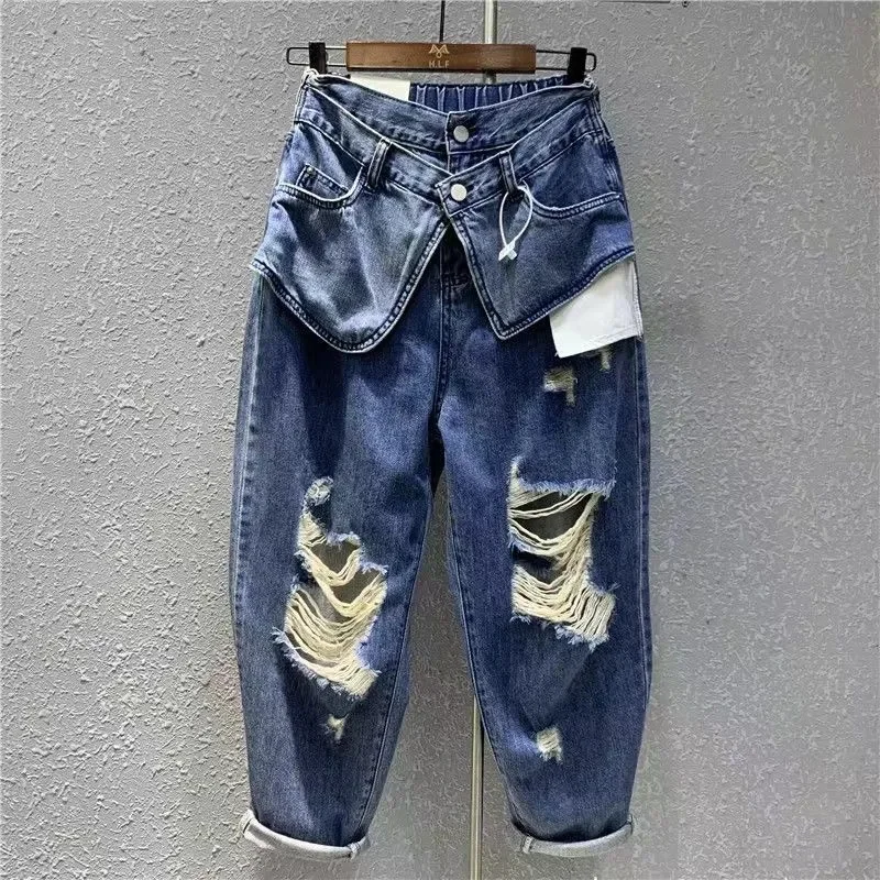 

SummerNew Women Ripped Jeans Irregular Harem Pants Ladies Loose Double Waist Design High Waist Female Be All-Match Cowgirl Pants