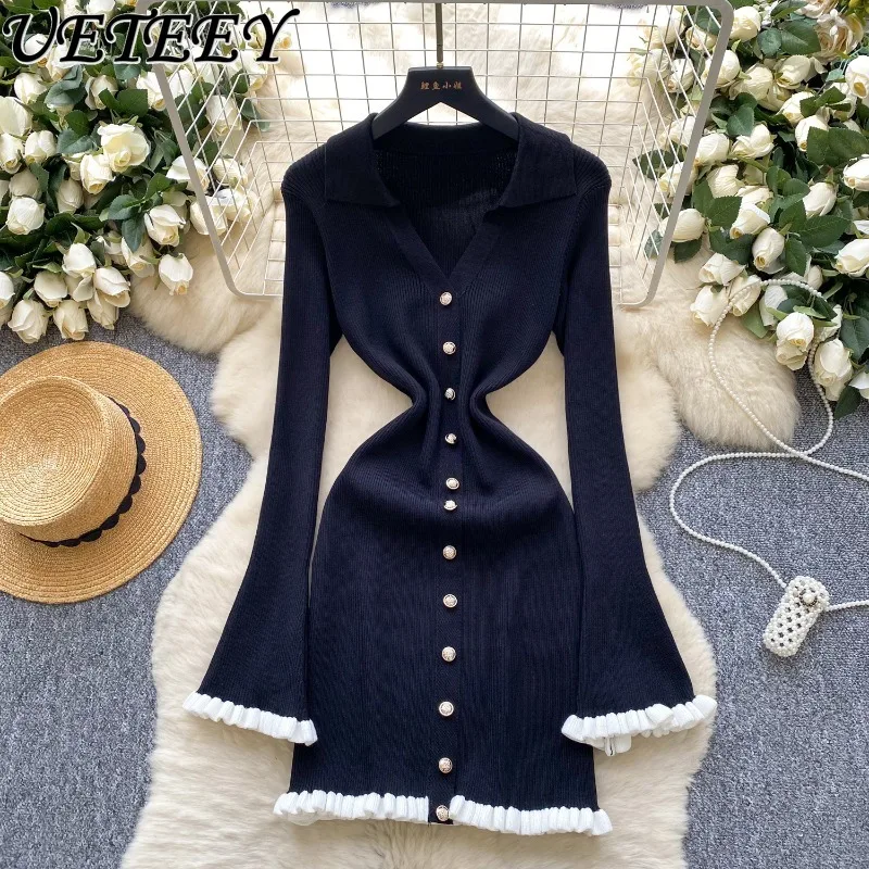 فستان خفيف فاخر اجتماعي واحد الصدر محبوك فستان بكم طويل للنساء الخريف تكدرت طوق سليم صالح فساتين متوسطة الطول