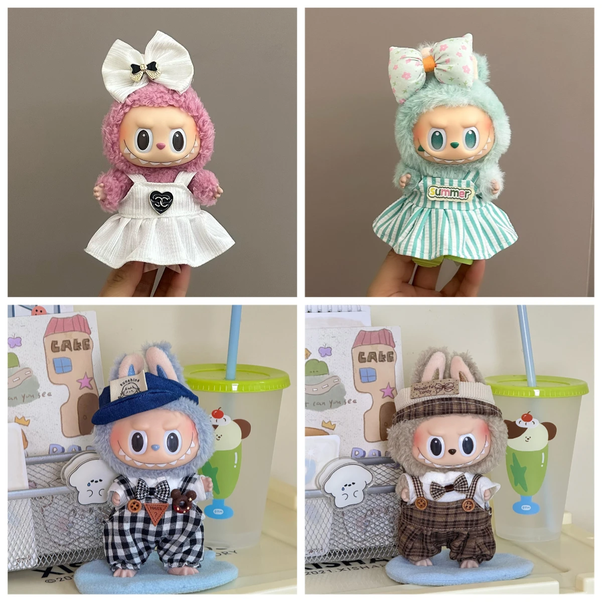 

Mini Doll's Clothes Outfit Accessories for Labubu 17cm II Cute Plush Jumpsuit Plaid Overalls Bow Set Clothing Gift