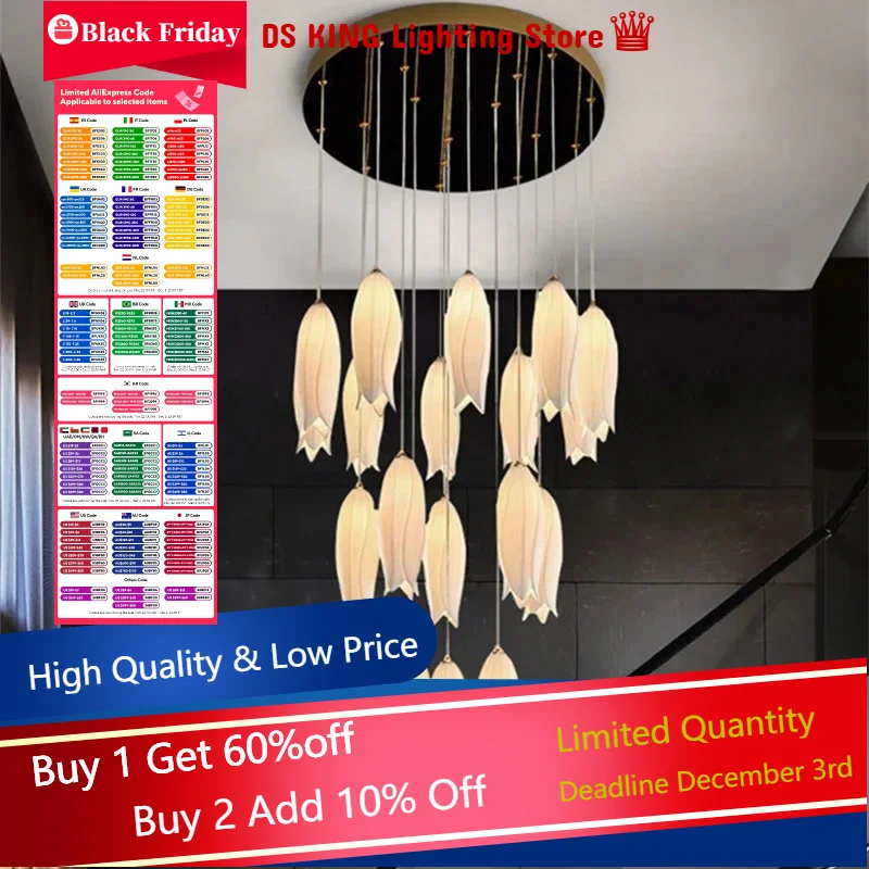 Nordic Creative Tulip Staircase Chandelier Multi Heads Pendant Lights for Villa Bedroom Bedside Restaurant Hotel Duplex Building