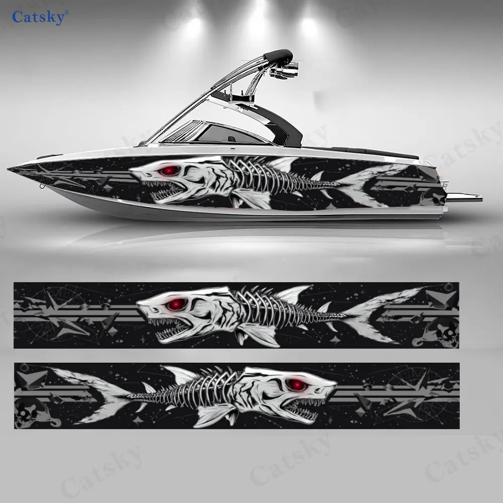 

2 шт. наклеек на лодку с изображением акулы-скелета, водонепроницаемые виниловые наклейки из ПВХ для рыболовных лодок, прочные и стильные.