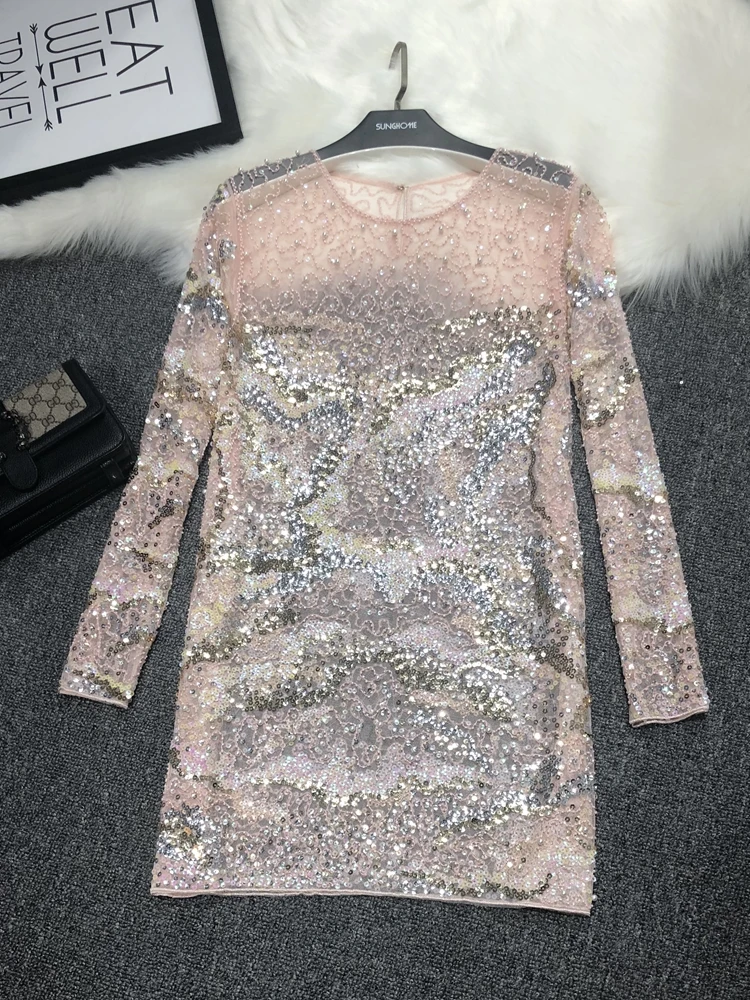 Heavy Industry Fairy Sexy Pink High-quality Temperament Mesh Sequin Dress Women\'s Mid-length Fish Scale Perspective Dress Women