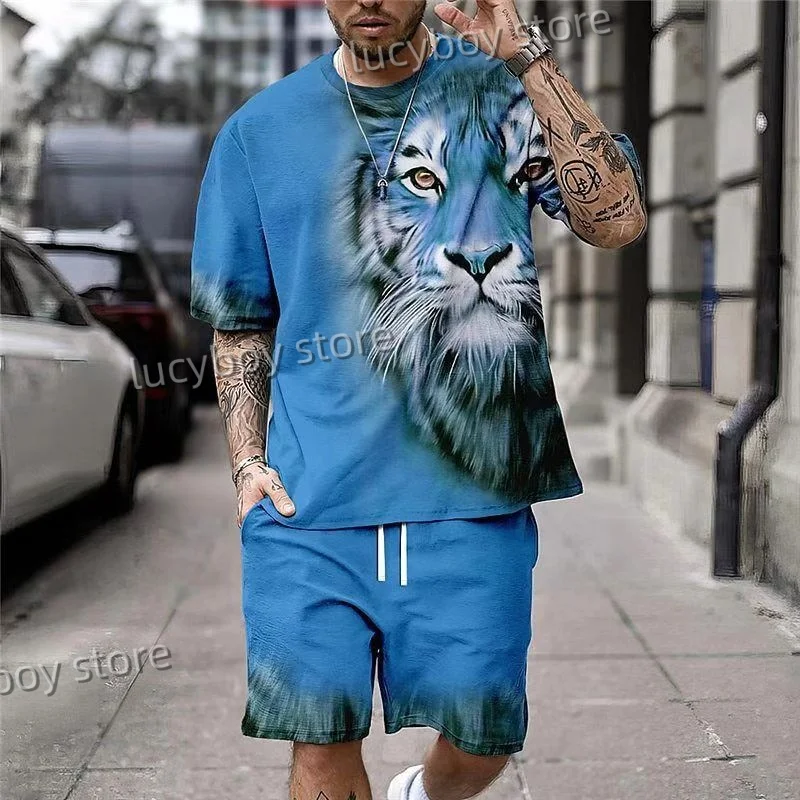 

2 Pieces Set Men's Classic 3D Tiger Print T-Shirt Set Vintage Streetwear Oversized Breathable Soft Short Sleeves And Shorts