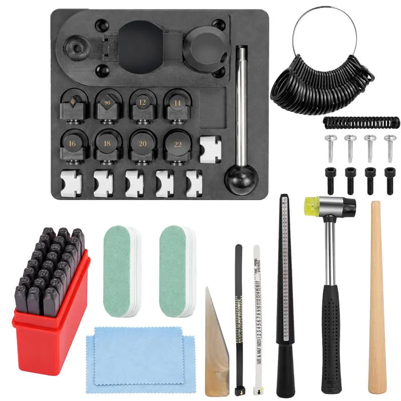 Jewelry Ring Making Tool Kit Ring Bender Sizing Gauges Letter Stamps Hammer Polishing Tools for Repair DIY