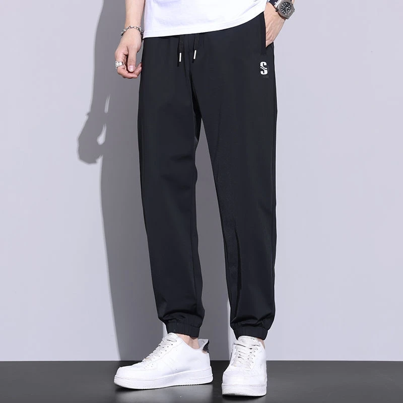 New Ice Silk Pants Men'S Fashion Brand Loose Leg Tie Sports Quick Dry Summer Thin Breathable Cropped Casual Pants