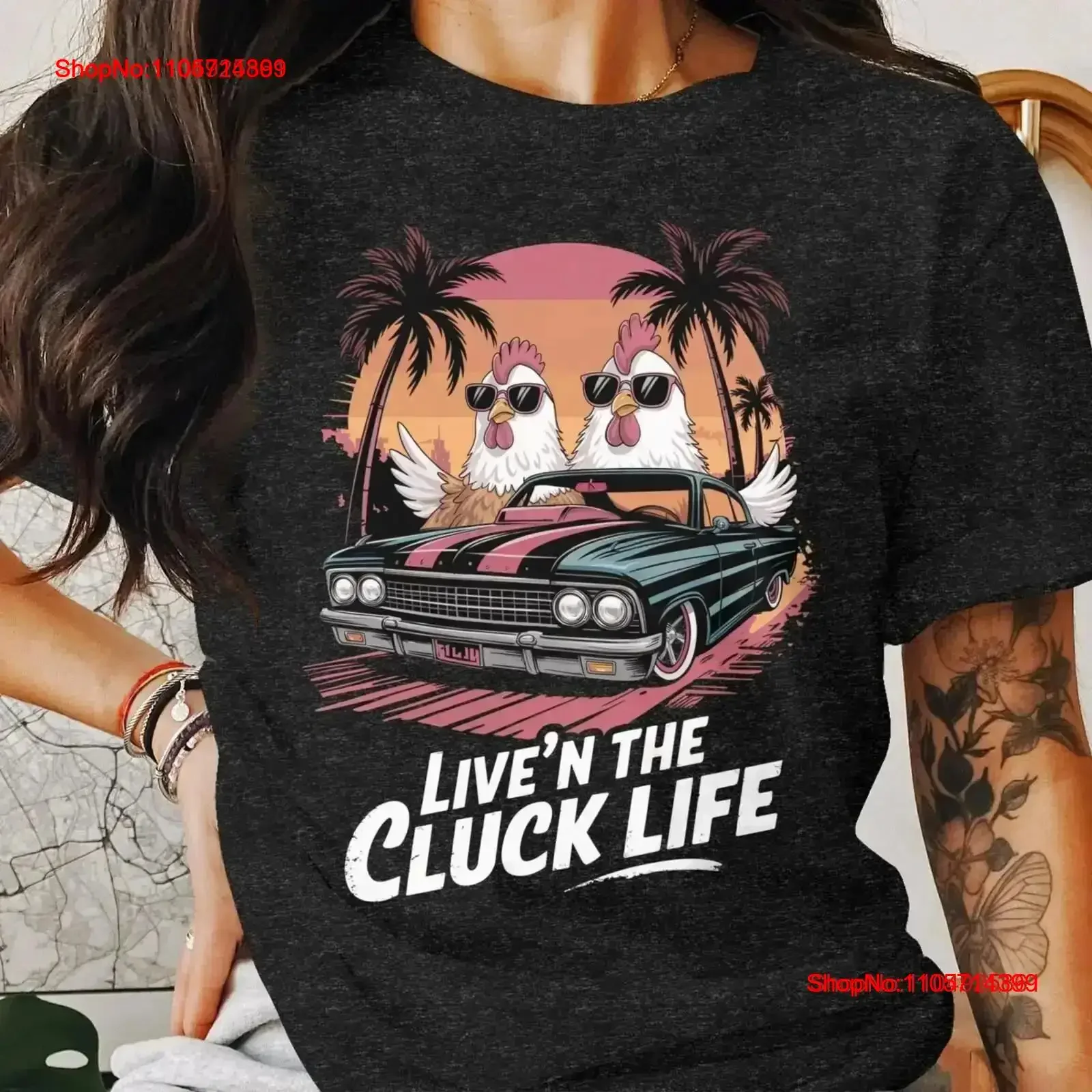 Cool Chicken Car T Shirt Live n the Cluck Life Retro Sunset Funny Lover's vintage Washed streetwear homme Breathable Casual