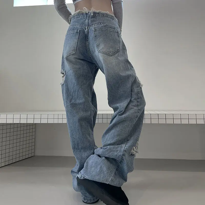 Jeans Hole High Quality High Waist Harajuku 2024 New Bottoms Fashion Y2k Pants Women Straight Vintage Casual Denim Trousers