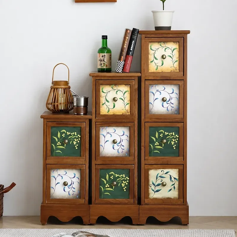 Clearance Solid Wood American Bucket Cabinet Narrow Side Table Living Room Storage Painted Drawer Retro Crack Finish 25cm