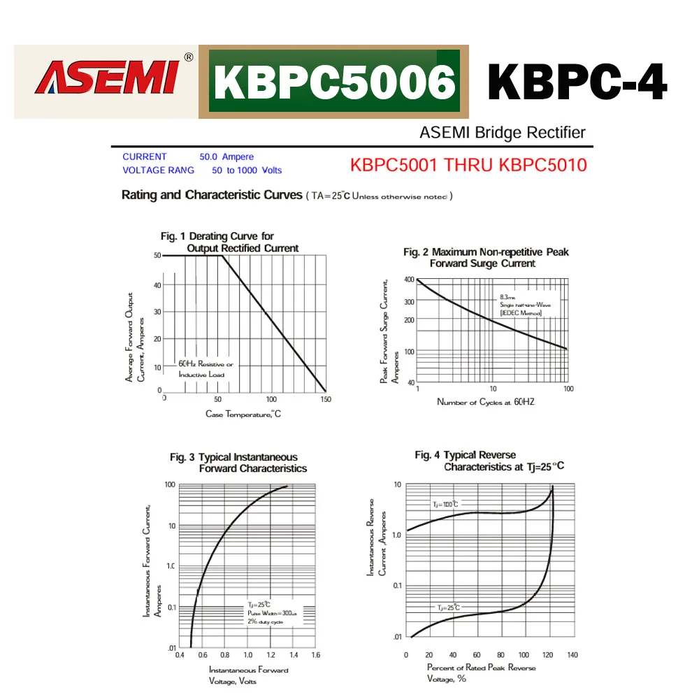 KBPC5006 50A 600V Einphasiger Brückengleichrichter 180mil KBPC-4 Quadratisches Design für Elektrische Anwendungen ASEMI – Detail 5