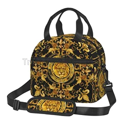 Golden Lion Baroque Print Thermal Lunch Box Reusable Large Capacity Insulated Bento Tote Bags for Work School Picnic Travel