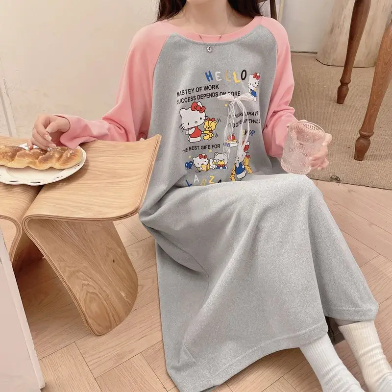 Hello Kittys Sleepwear Women's Autumn Winter Long Sleeved Cute Contrasting Cartoon Loose Nightgown Comfortable Gift for Students