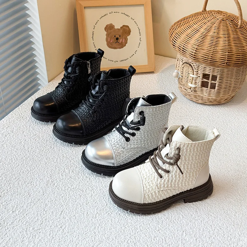 Kids Ankle Boots Girls Lace Up Zip Shoes Short 2025 Autumn Fashion Children's Non-slip Booties Patchwork Trainers 26-36
