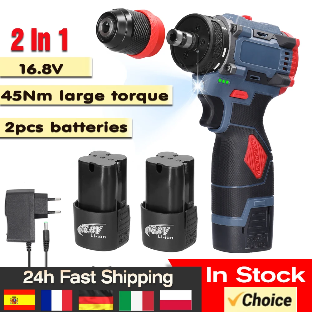 16.8V 2in1 Electric Drill Lithium Drill Electric Screwdriver Power Tool 45Nm Torque Brushless Motor Practical Screw Driver