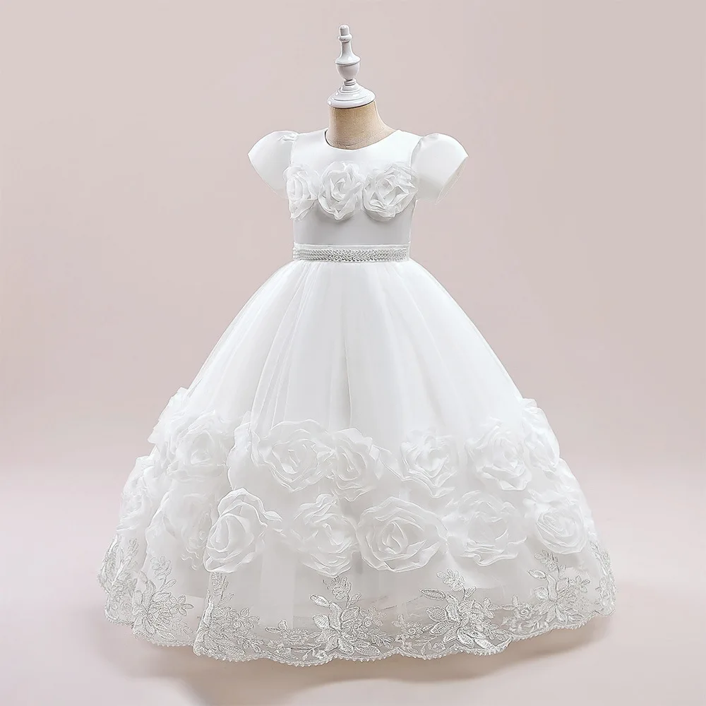 Puffy Flower Girl Dress For Weddings Bridesmaid White Dress Teen Girls Baptismal Costume Lace Long Dress Children's Prom Dresses