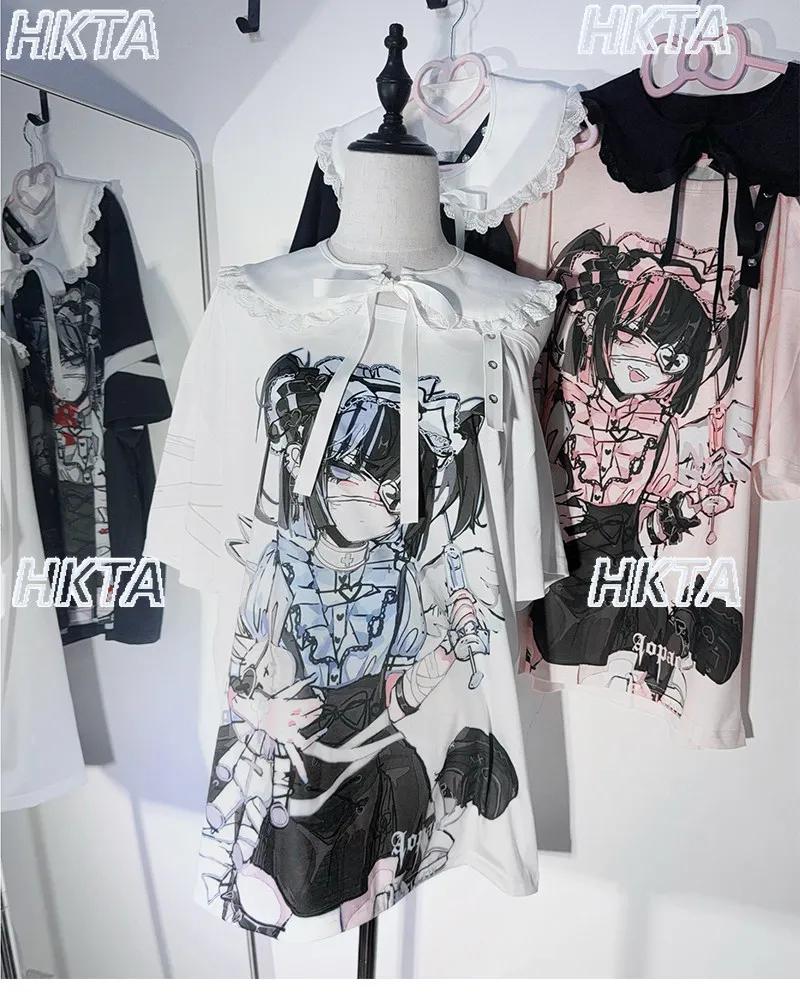 Summer New Off-shoulder Doll Collar Subculture Printing Two-dimensional T-shirt Punk Y2k Top Casual Short-sleeve Tshirt Women