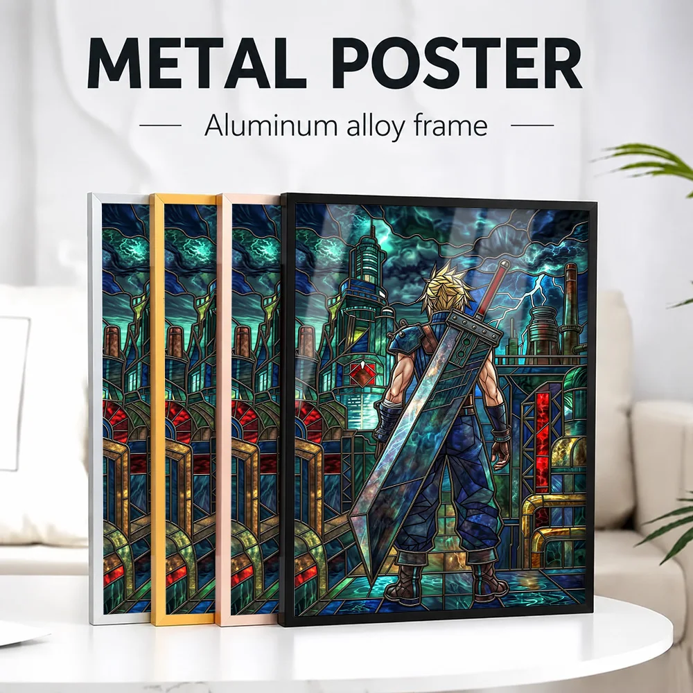 Cloud Strife In Stained Glass Framed Metal Poster Personalized Photo Gothic Adventure Style Wall Art For Media Room Gamer Gift