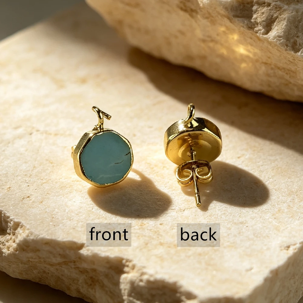 Round Flat Mineral Stud Ear Charms Open Loop Turquoise Tone Stone Golden Plated DIY Earring Fitting E2R1057