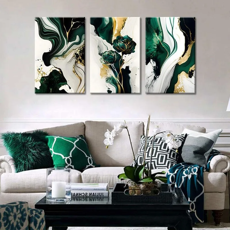 3Pcs Framed Emerald Green Wall Art, Modern Green and Gold Abstract Marble Canvas Wall Art Paintings Prints Posters