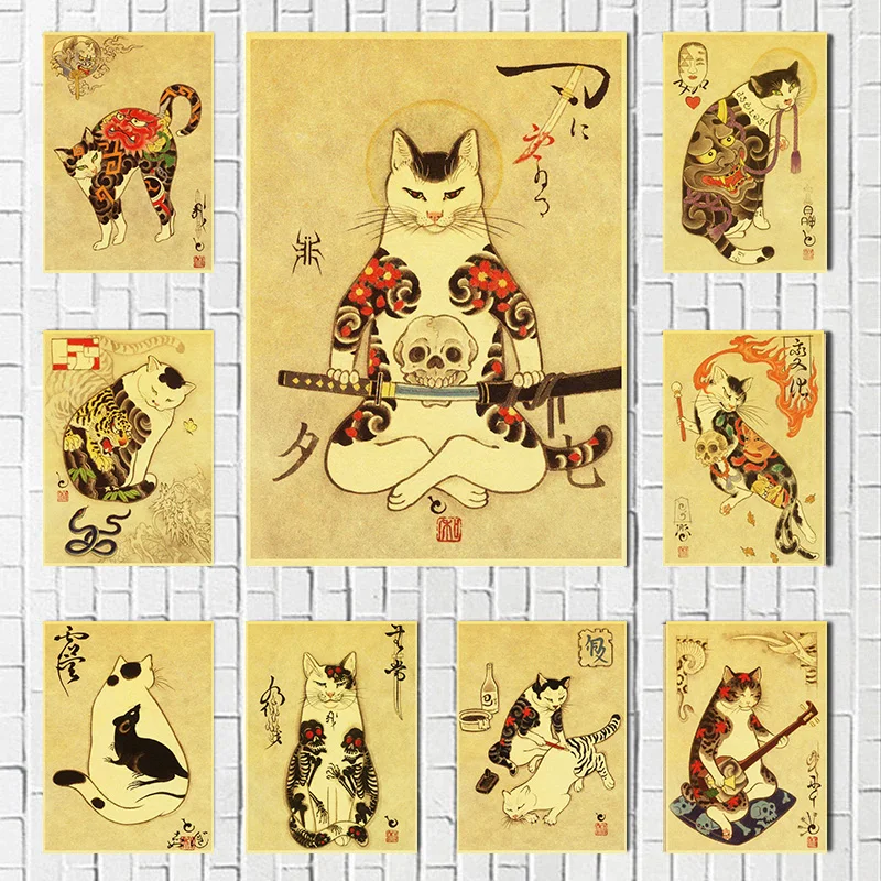 Affiches de la série rétro du chat samouraï des années 80, tatouage japonais, peinture sur toile, impression, art mural, photo pour 73 chambres, salon, décoration d'intérieur, cadeau