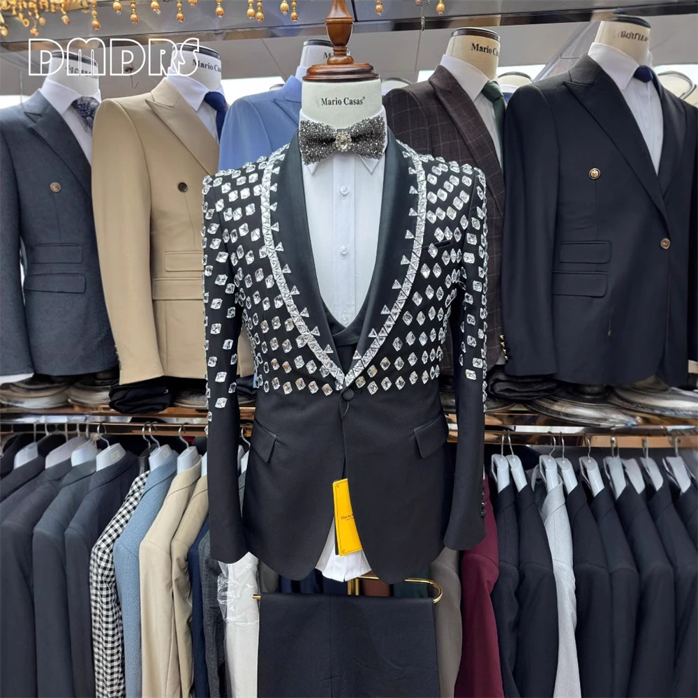 DTLumika Luxury Men's Suit Set Single Button Black Three Pieces Shawl Neck Costume Tuxedo Jacket Vest Pants Formal Outfit