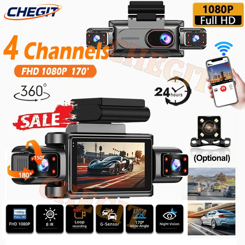 WIFI 360° Rotatable 4 Lens Dashcam 1080P Video Recorder for Car DVR Black Box Night Vision Car Recording Camera Car Assecories