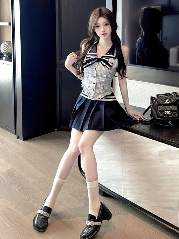 Pure Desire Conjunto de saia vintage com nó borboleta e tras sem ombros, sem mangas, para mulheres jovens, moda verão, mis...