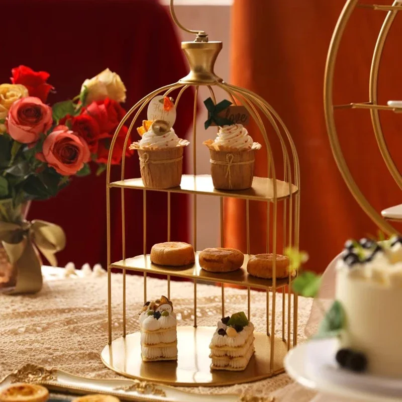 

European Gold Tone Wedding Cake Stand Tiered Birdcage Pastry Holder Afternoon Tea Display Serving Tray Elegant Metal Dessert