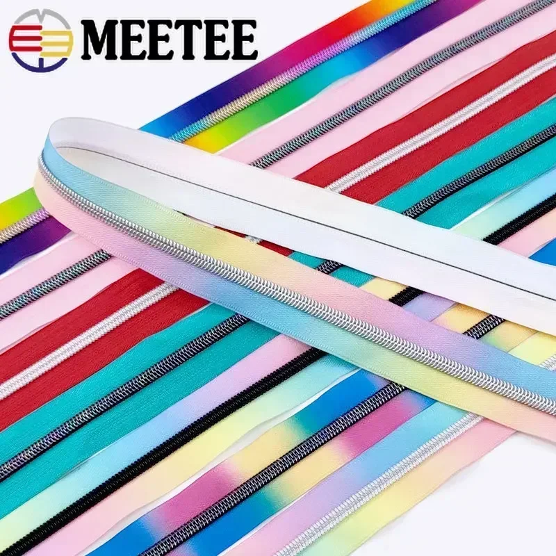 1/2/3M 5# Meetee Printed Nylon Zippers Plastic Decorative Zips Bag Luggage Zipper Coil Roll Rainbow Zip Closures Repair Kit