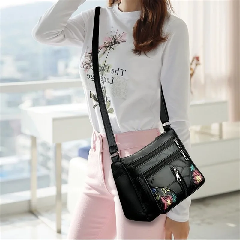 Luxury Soft Leather Women Messenger Shoulder Handbags And Purses Flowers Multi-pocket Crossbody Mommy Bag Ladies Sac