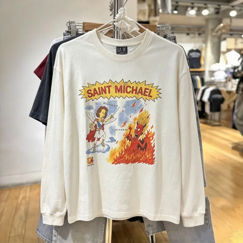 White Ink Direct Spray Comic Knight Flame Print Saint Long-sleeved Tshirts Men Women Casual Breathable Round Neck Tee Streetwear
